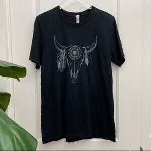 Bull Skull Boho Graphic Tee Unisex Black Shirt L